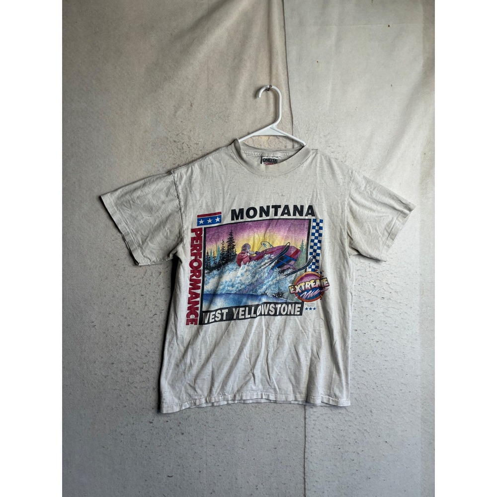 Vintage 1992 Oneita Montana West Yellowstone Snowmobile Graphic T-Shirt Mens M